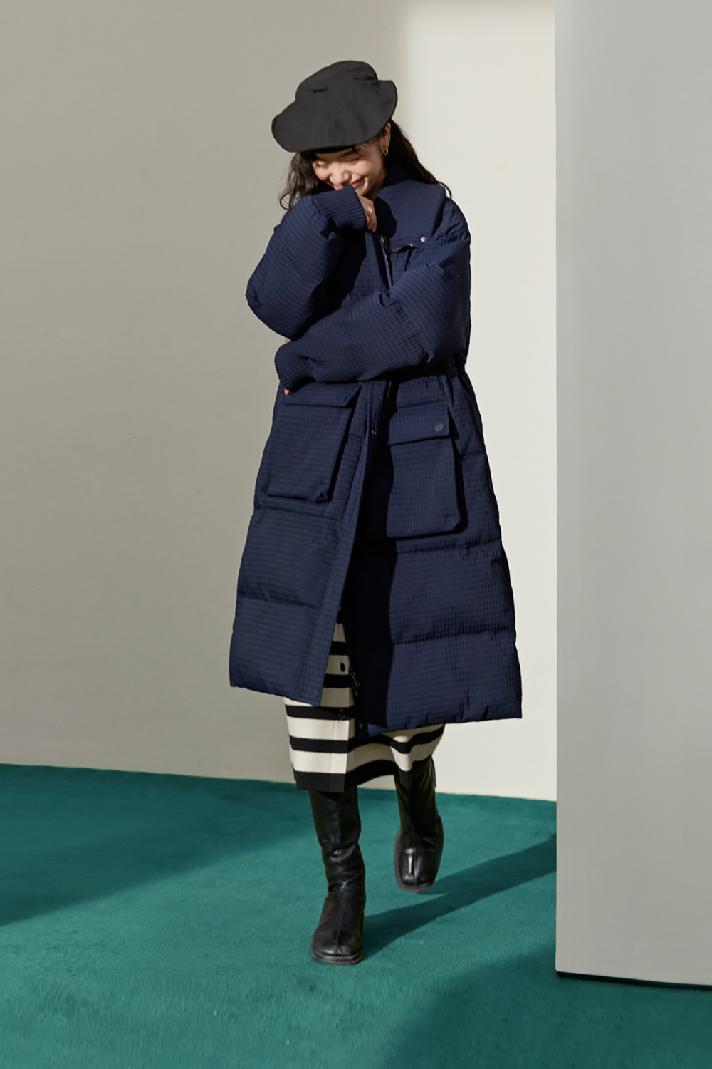 Dark blue long Korean cotton jacket standing collar loose thickened cotton jacket