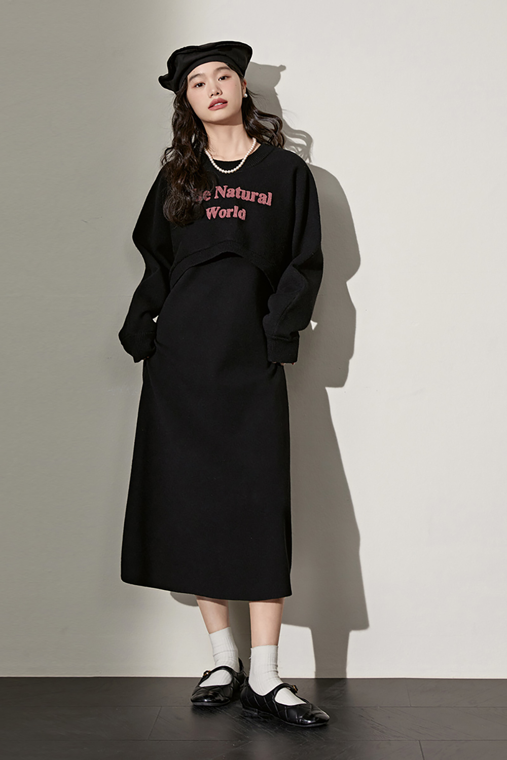 Undershirt dress round neck knit tops two-piece suit 2022 autumn and winter new black dresses
