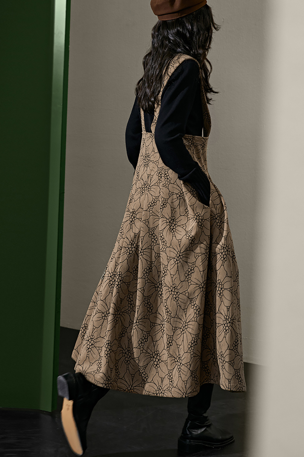 Vintage Brown Corduroy Strap Dress Printed Pleated A-Line Skirt