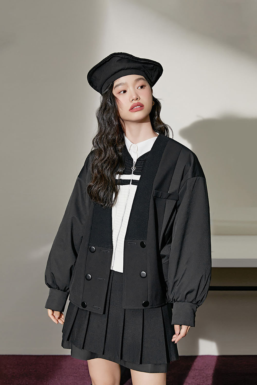 Black preppy jacket Autumn and winter Double-breasted top with puff sleeves
