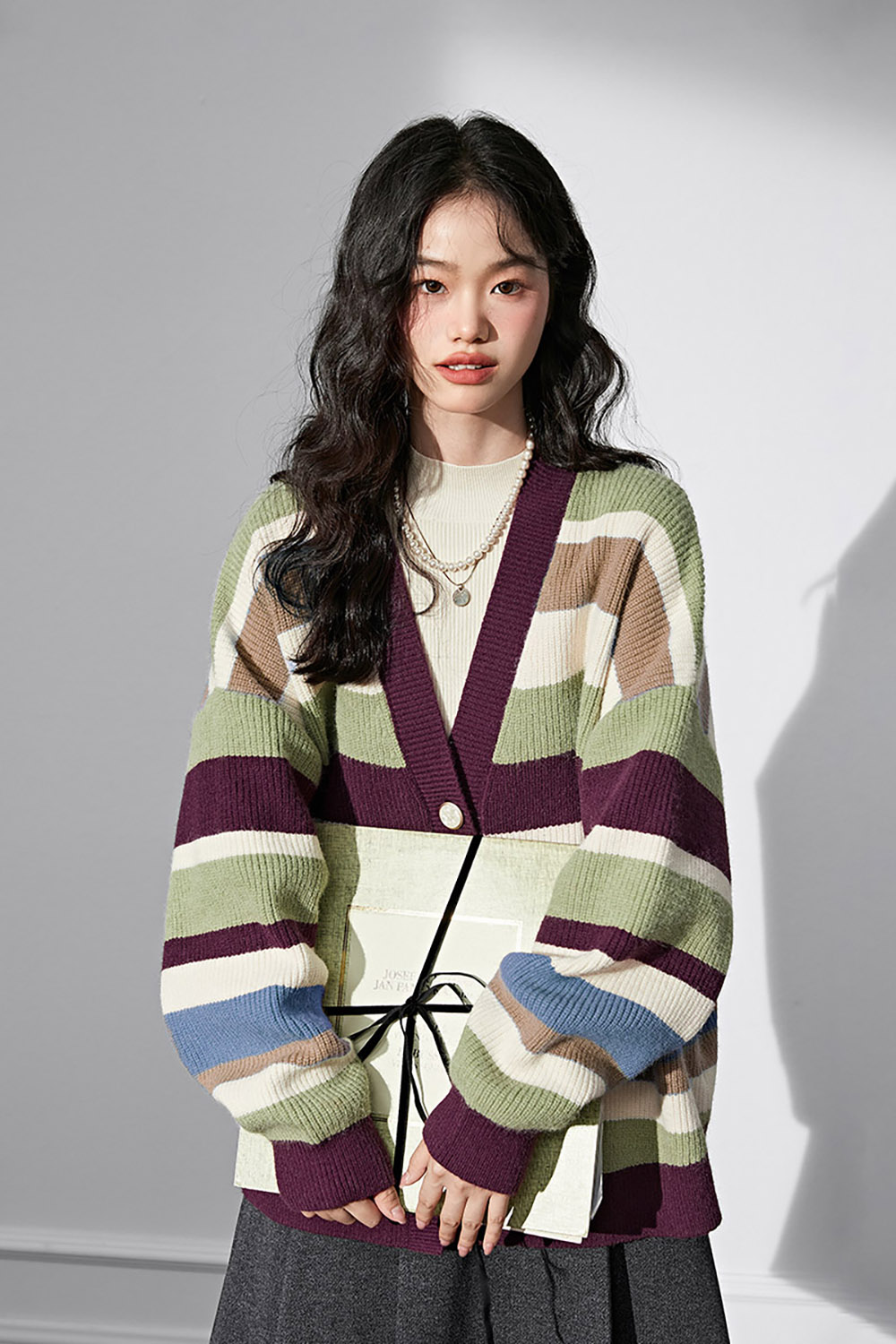 Preppy Colorful Striped Sweater Jacket Autumn and winter v-neck mid-length knitted cardigan