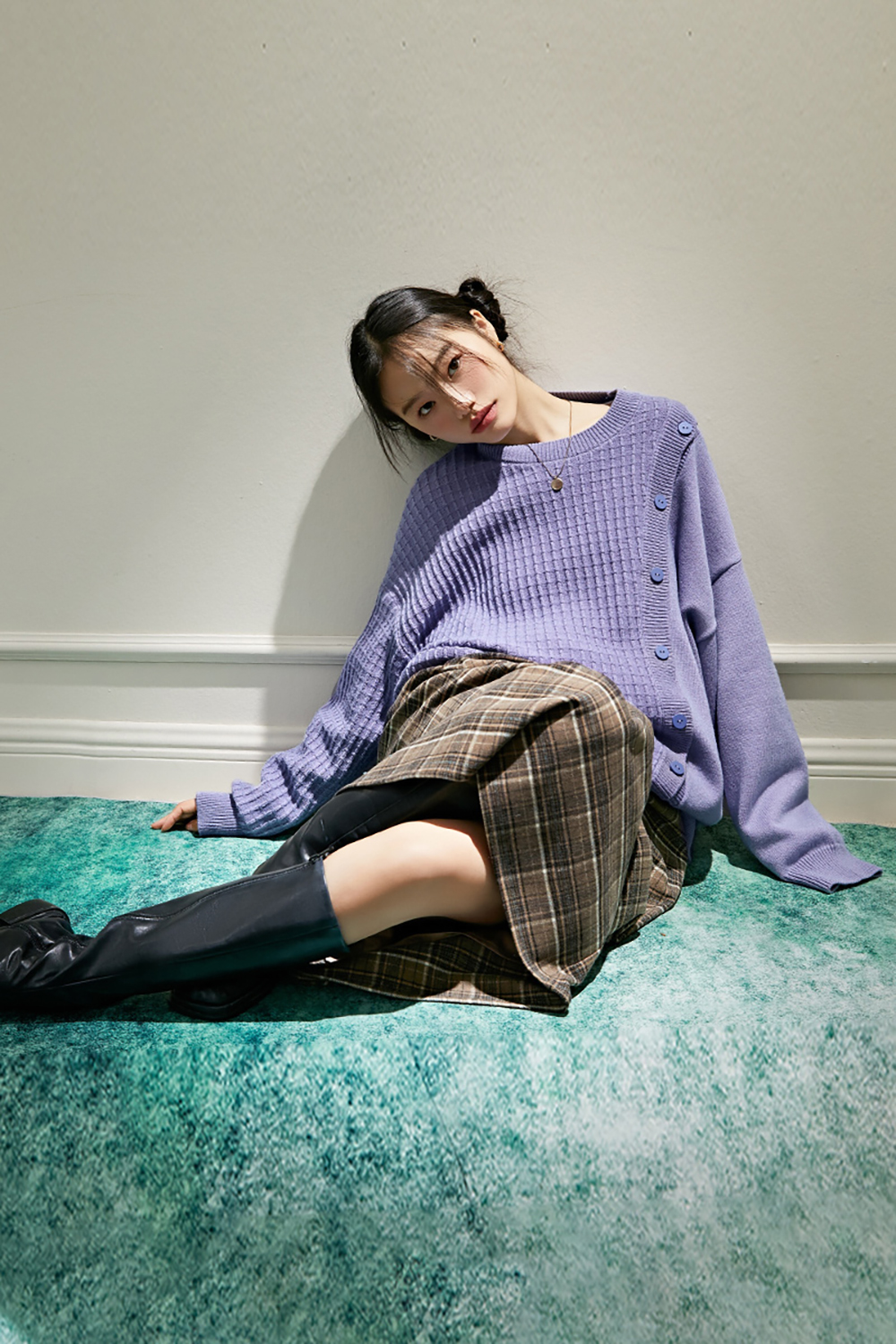 Purple Crewneck Sweater Mid Length Loose Lazy Design Knit Sweater