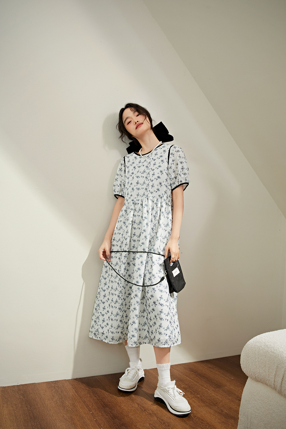  Summer design temperament bubble sleeve French Floral Dress 