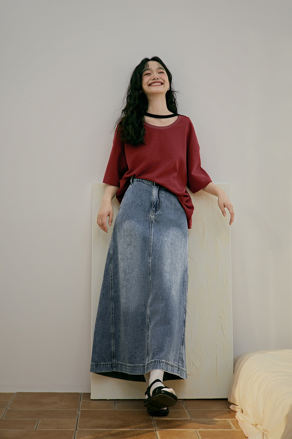  Summer design Vintage mid length denim skirt 