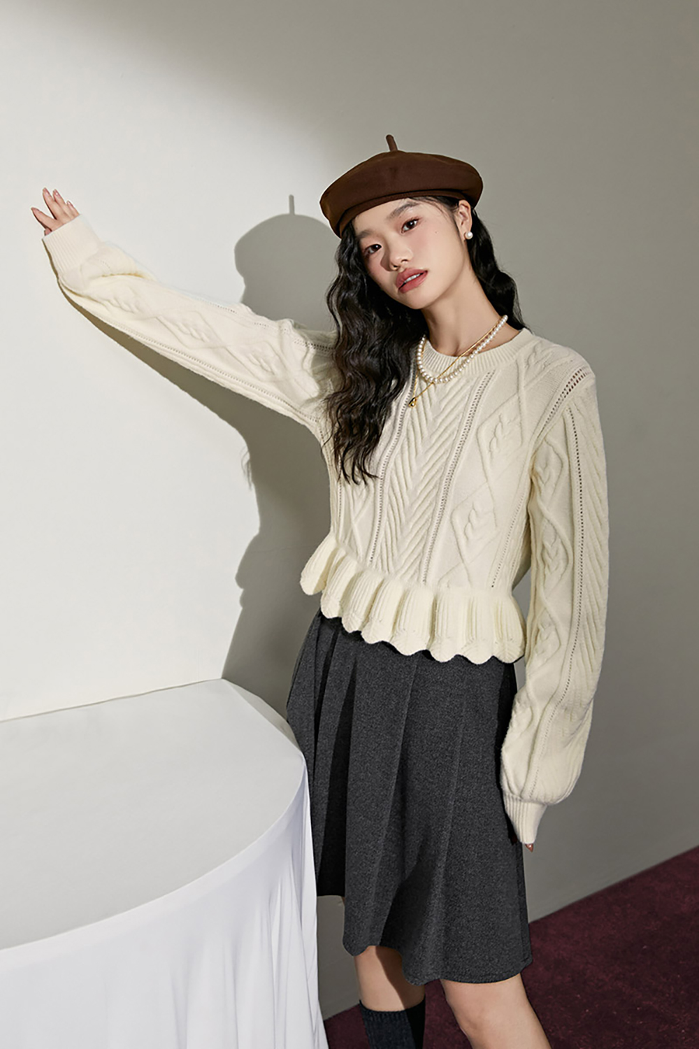 Apricot Cable Sweater Autumn and winter Round Neck Balloon Sleeve Ruffle Knit Sweater