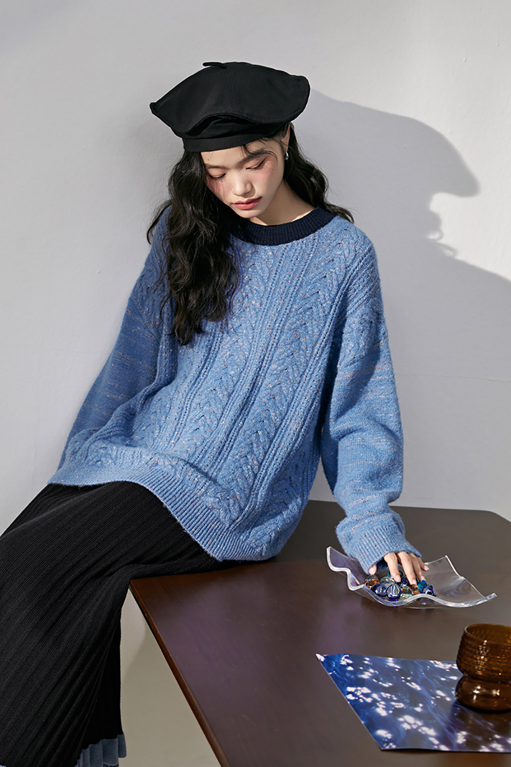 Blue round neck sweater autumn and winter new long sleeve stripe small fragrance sweater