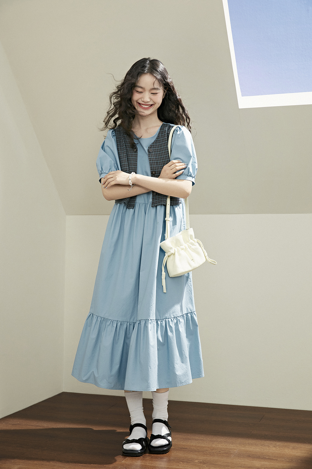  Summer bubble sleeve sweet design fake two dresses 