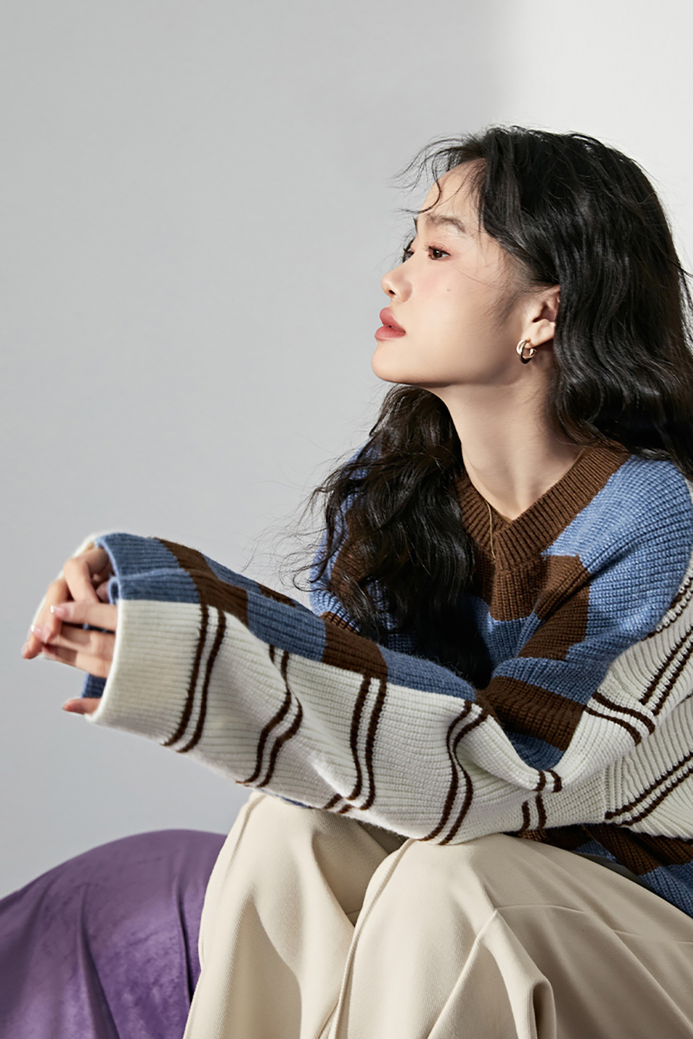 Striped paneled sweater Autumn and winter irregular knitted sweater