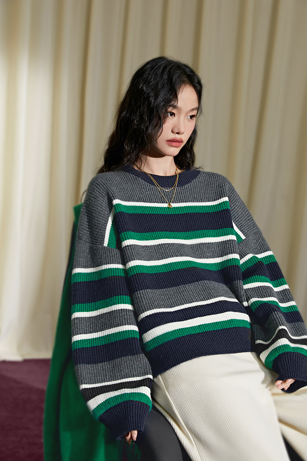 American style retro striped sweater Autumn and winter Loose Crew Neck Pullover Sweater