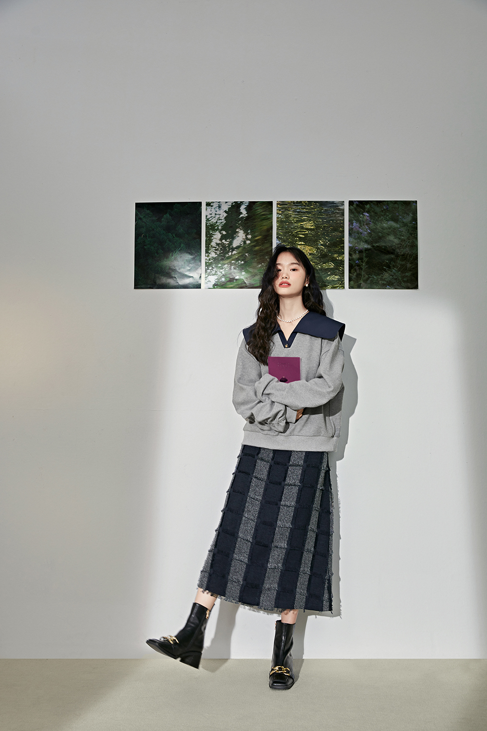 Broad color check imitation denim skirt autumn winter 2022 new women's A-word fringe design mid-length skirt