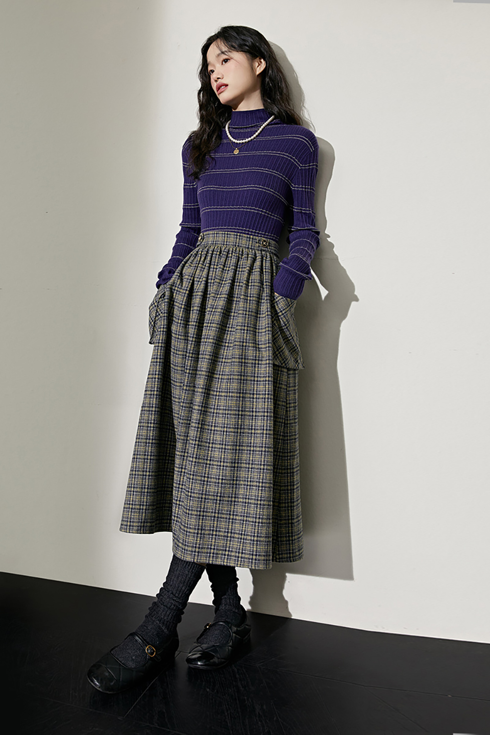 Vintage Checked Mid Length Tweed Semi-Bath Skirt Loose A-Line Umbrella Skirt