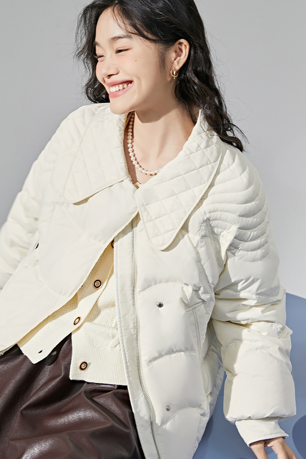 White Lapel down jacket Autumn and winter Relaxed straight tube for warmth
