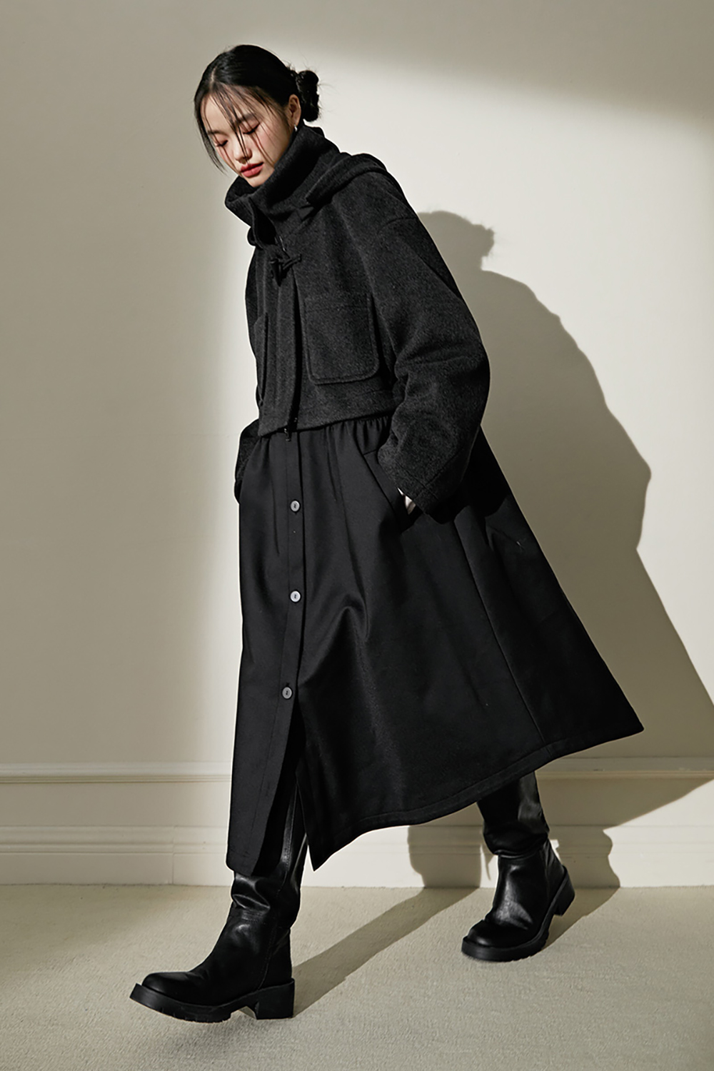 Black Detachable Design Wool Jacket Autumn and winte rmid length woolen coat