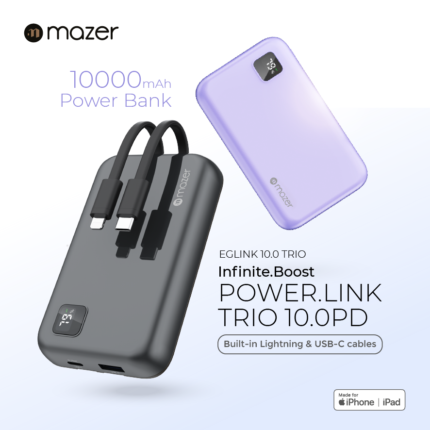 Mazer SuperMINI-Pocket Apple Certified MFI 10000mAh Power Bank with Built-in Lightning & USB-C Cables