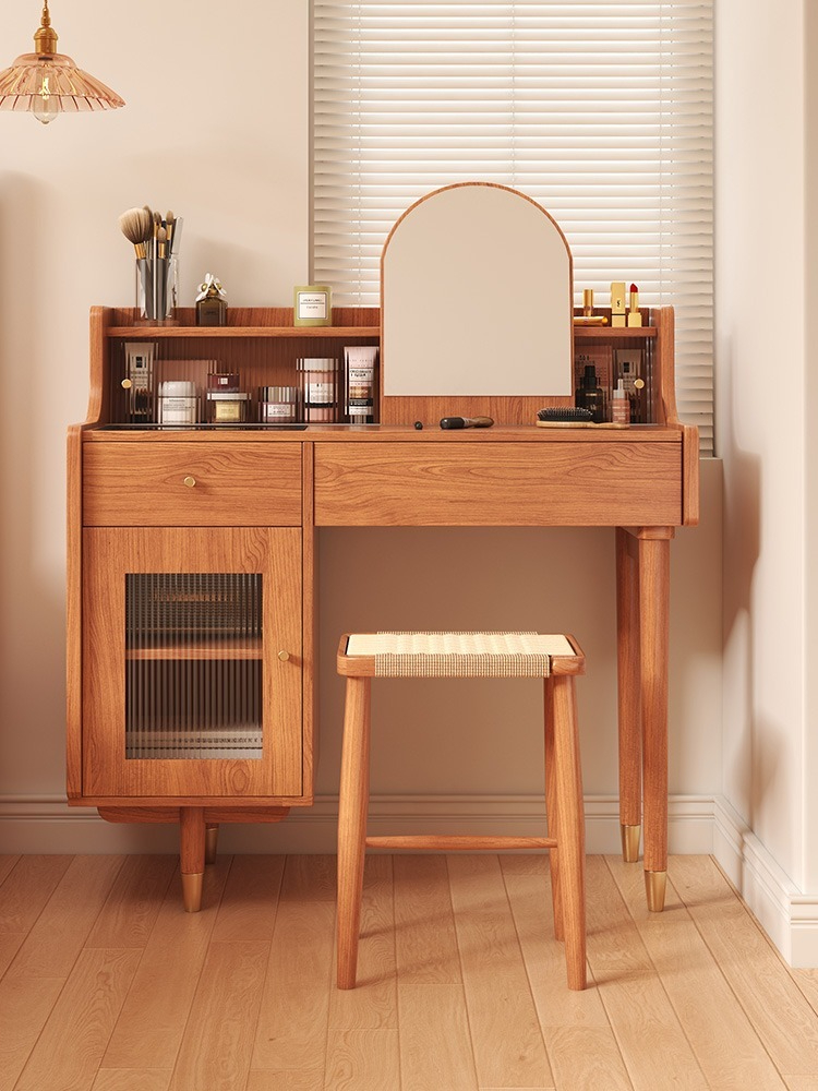 A Japanese-style 2024 new makeup table, a combination of retro, modern, and simple design, suitable for small-sized bedrooms. It features a popular dressing table and storage cabinet.-Smart-Living