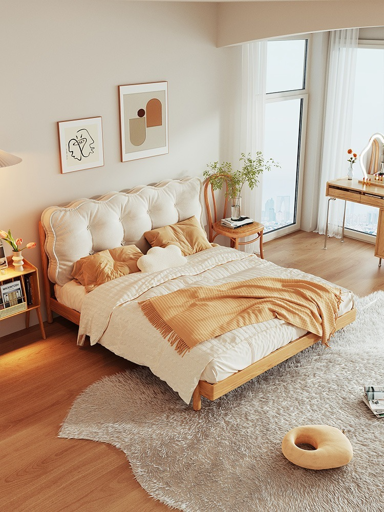Japanese-style pure solid wood bed, modern minimalist style, suitable for small-sized master bedrooms, original wood and cream-colored Nordic double bed, 2023 new style.-Smart-Living