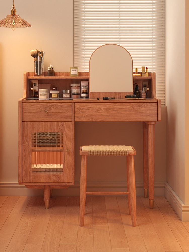 A Japanese-style 2024 new makeup table, a combination of retro, modern, and simple design, suitable for small-sized bedrooms. It features a popular dressing table and storage cabinet.-Smart-Living