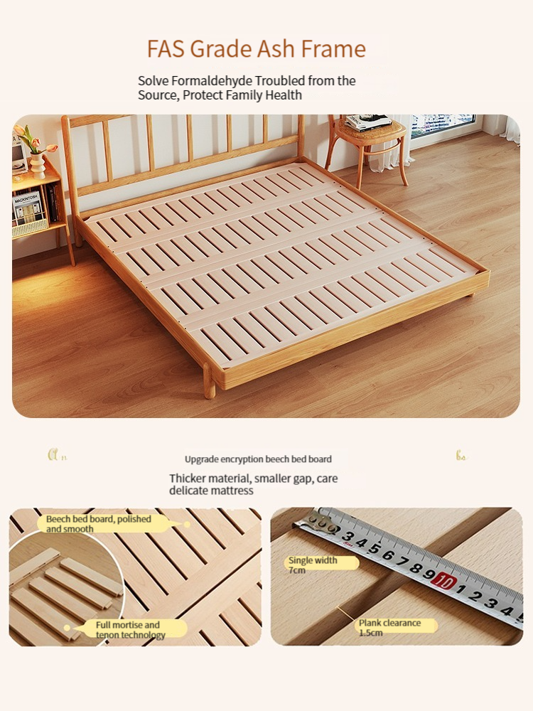Japanese-style pure solid wood bed, modern minimalist style, suitable for small-sized master bedrooms, original wood and cream-colored Nordic double bed, 2023 new style.-Smart-Living