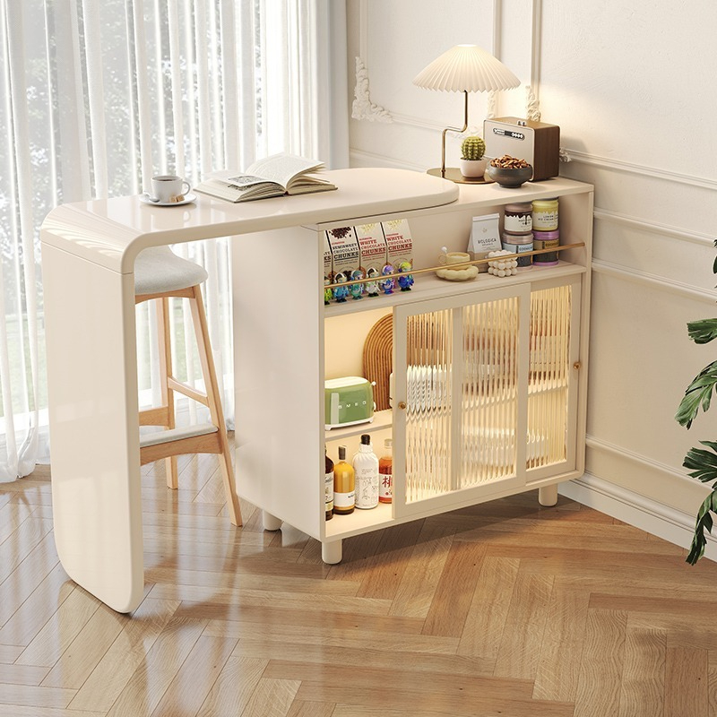 Cream wind telescopic bar partition integrated with rotatable movable dining table, high foot household wall multifunctional storage cabinet-Smart-Living