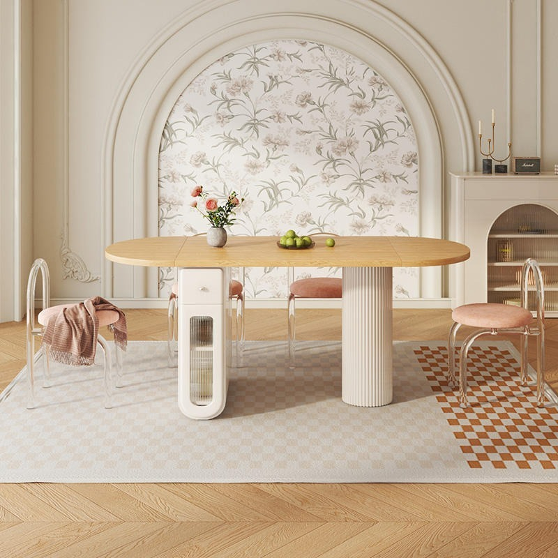 Cream wind telescopic bar partition integrated with rotatable movable dining table, high foot household wall multifunctional storage cabinet-Smart-Living