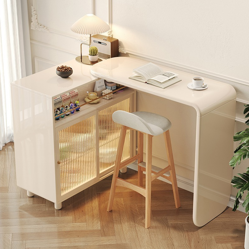 Cream wind telescopic bar partition integrated with rotatable movable dining table, high foot household wall multifunctional storage cabinet-Smart-Living