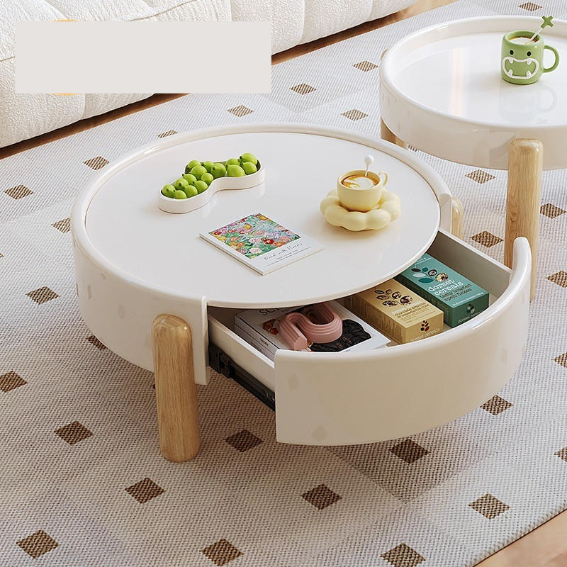 Cream style circular coffee table combination, living room, modern and simple small household, internet black tea table, TV cabinet combination-Smart-Living