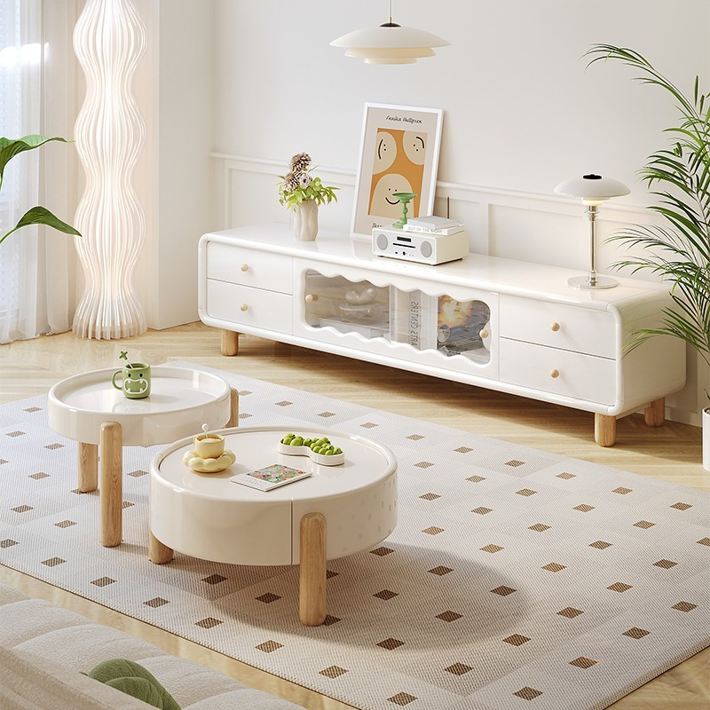 Le Private Milk Oil Wind TV Cabinet, Simple Wood, Modern Living Room, Household Light Luxury, High Grade, Tea Table, TV Cabinet-Smart-Living