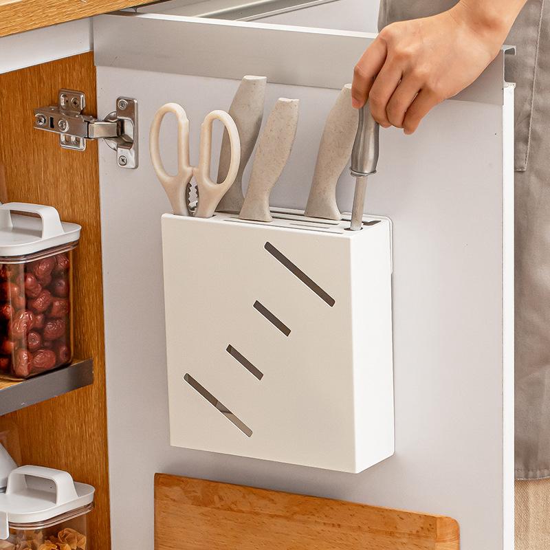 Smart-living Nachuan white wall-mounted knife holder kitchen multifunctional shelf concealed hole-free scissors knife holder-A0634-Smart-Living