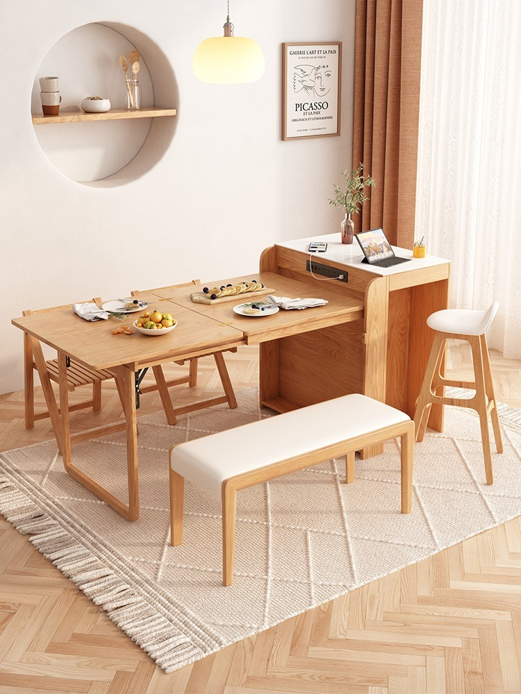 [Pre-order]  Japanese solid wood dining table, island table, integrated household small unit, expandable rock plate dining table, multifunctional folding storage bar-Smart-Living