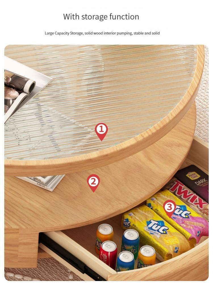 [Pre-order]  Japanese style log style tea table small unit living room light luxury solid wood double layer rainbow glass circular tea table edge table combination-Smart-Living