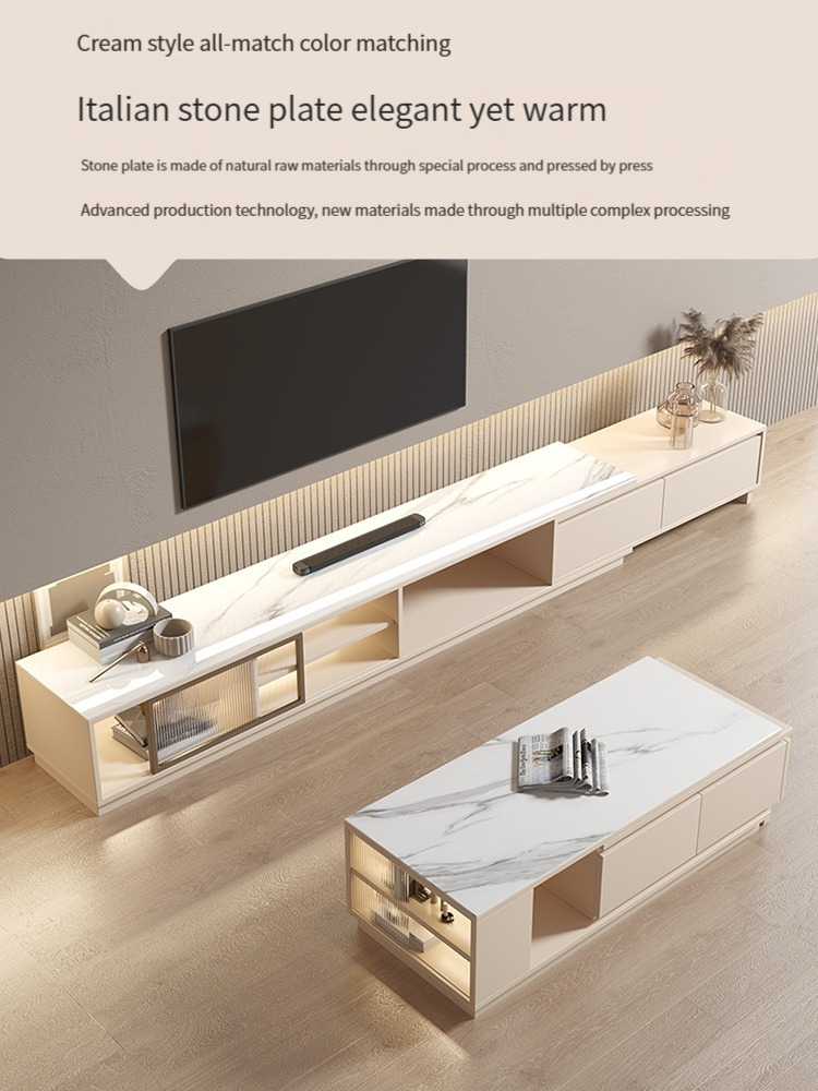[Pre-order] Extendable Rock Slab Top Coffee Table and TV Cabinet Combination - with Drawers and Glass Door, in Cream Style-Smart-Living