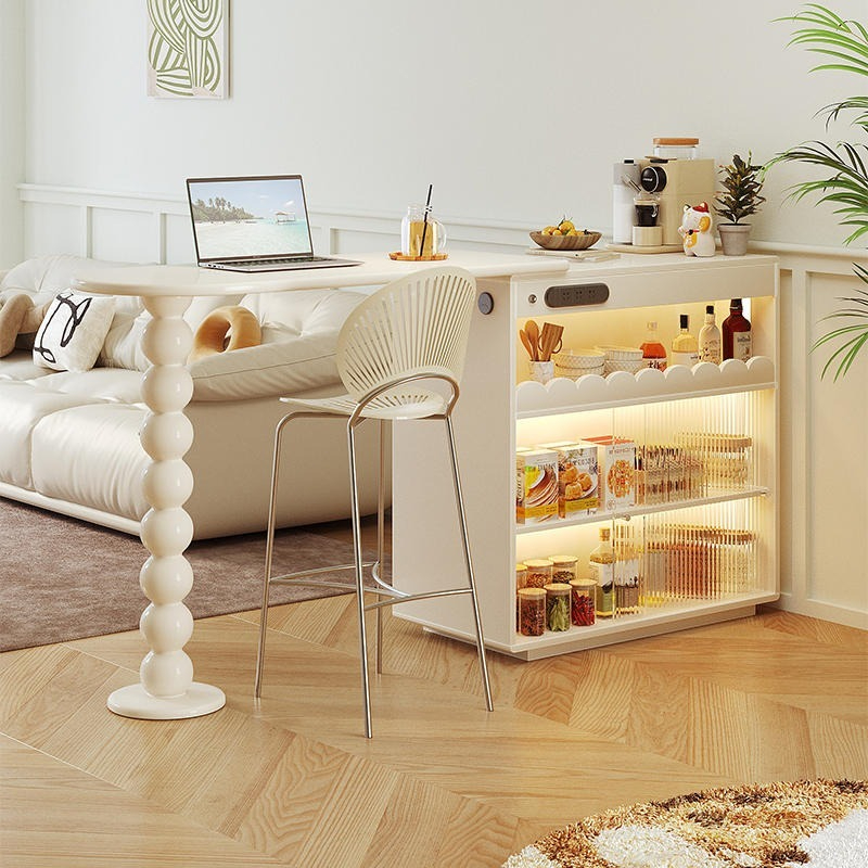 [Pre-order]  Cream wind telescopic bar partition integrated with rotatable movable dining table, high foot household wall multifunctional storage cabinet-Smart-Living
