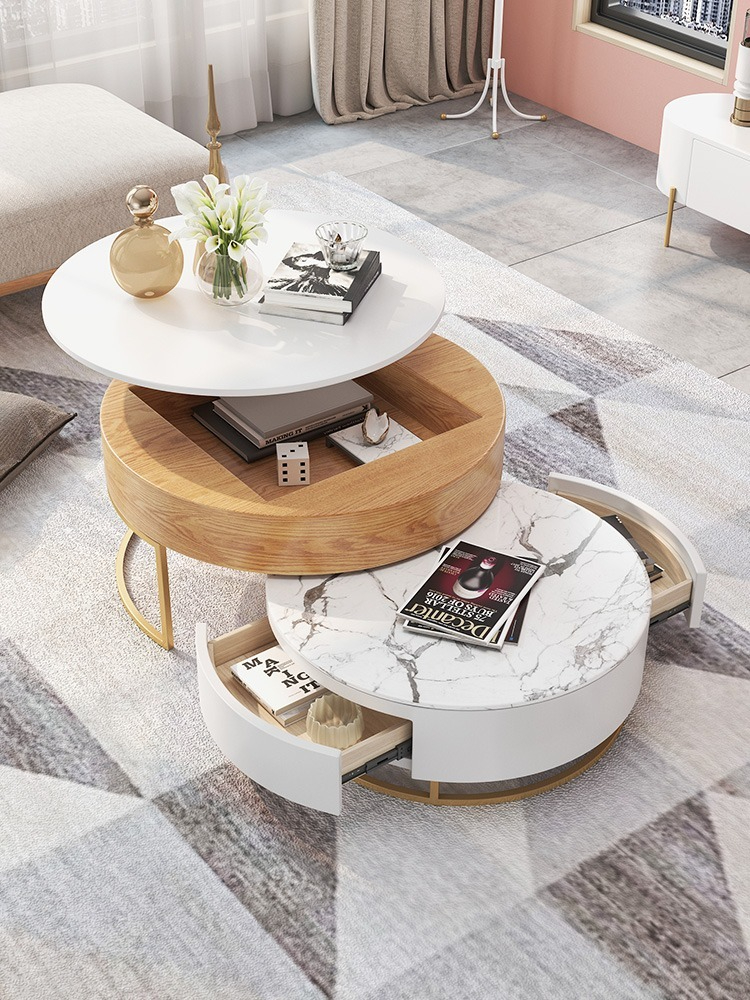 [Pre-order] Light Luxury Elevated Tea Table TV Cabinet Combination Nordic Modern Simple Rock Plate Round Tea Table Small Family Living Room Furniture-Smart-Living