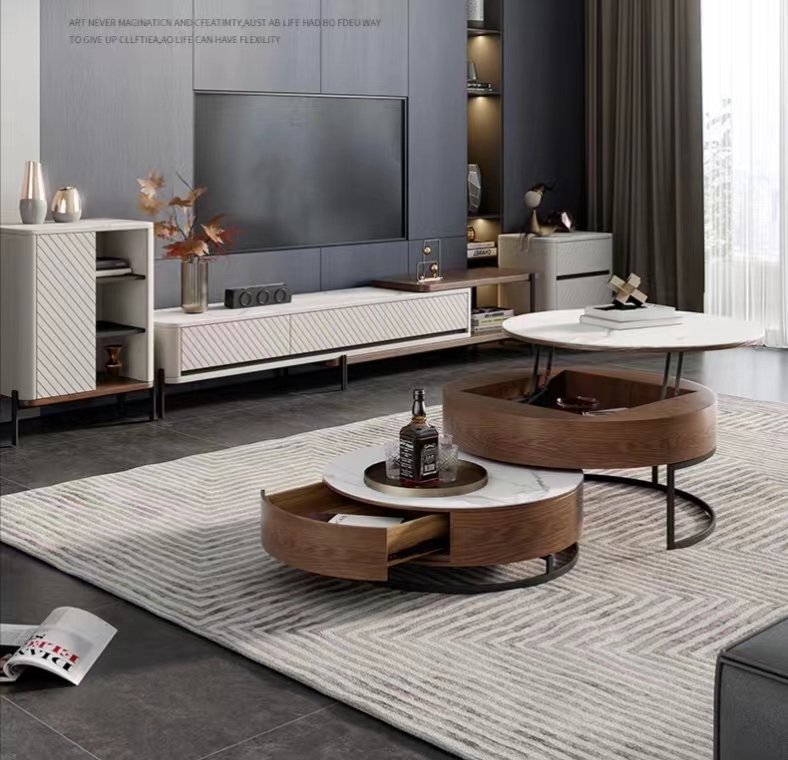 Nordic Elevated Tea Table TV Cabinet Combination Modern Simple, Light Luxury, Minimalist Circular Tea Table, Small Family Living Room Furniture-Smart-Living