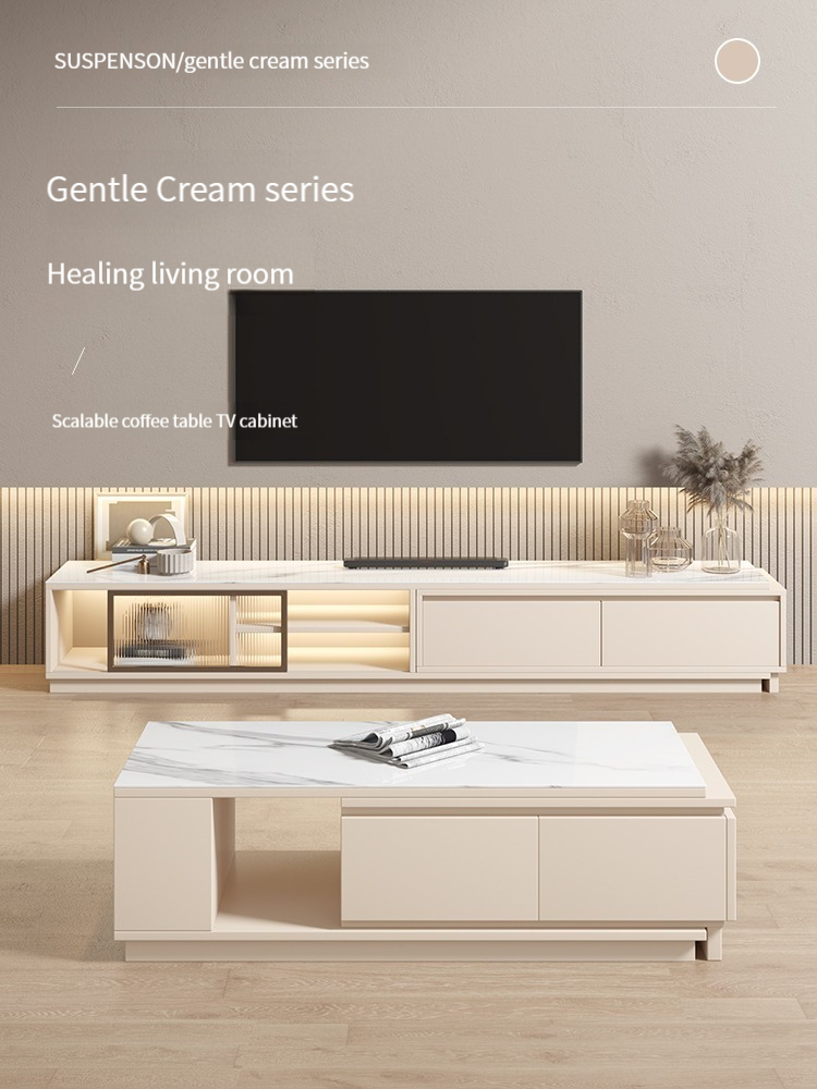 [Pre-order]  Cream Wind Rock Plate Tea Table Modern Light Luxury Living Room Household Small Unit Scalable Solid Wood Tea Table TV Cabinet Combination-Smart-Living