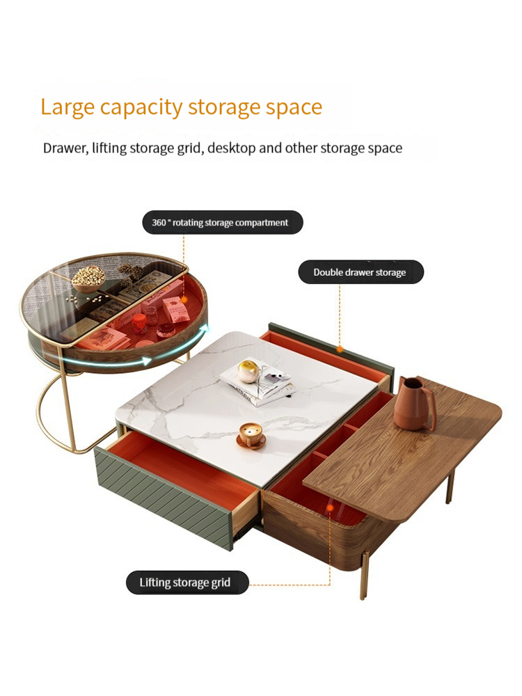 [Pre-order] Nordic Light Luxury Rock Plate Tea Table TV Cabinet Combination Modern and Simple Home Living Room Multifunctional Drawers Square Tea Table-Smart-Living