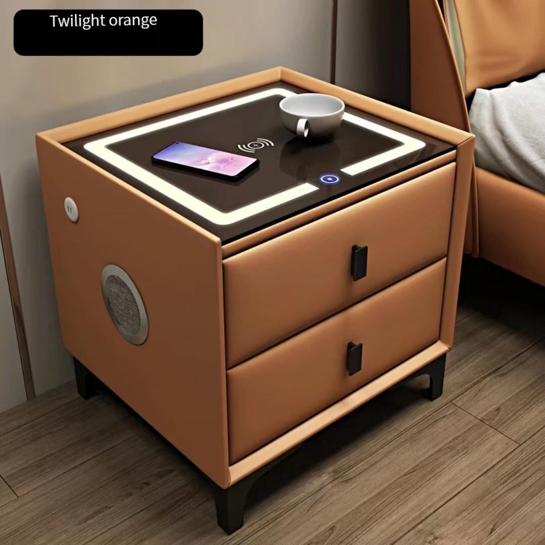 Intelligent bedside table wireless charging, modern minimalist leather intelligent bedside table fingerprint lock, Bluetooth with light, multifunctional-Smart-Living