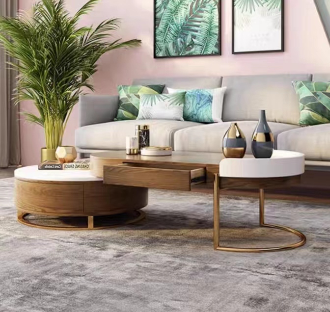 [Pre-order]  Nordic Light Luxury Tea Table, Living Room, Household TV Cabinet Combination, Modern and Simple Small Unit, Rock Plate Storage, Circular-Smart-Living