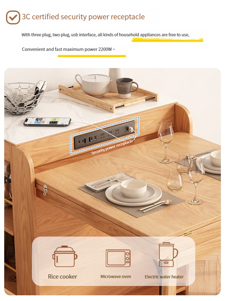 [Pre-order]  Japanese solid wood dining table, island table, integrated household small unit, expandable rock plate dining table, multifunctional folding storage bar-Smart-Living