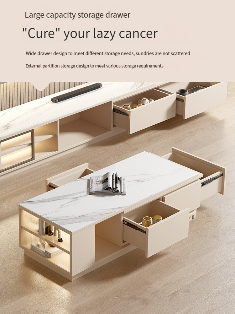 [Pre-order] Extendable Rock Slab Top Coffee Table and TV Cabinet Combination - with Drawers and Glass Door, in Cream Style-Smart-Living
