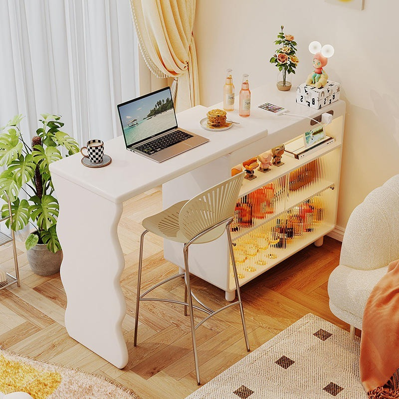 [Pre-order]  Cream wind telescopic bar partition integrated with rotatable movable dining table, high foot household wall multifunctional storage cabinet-Smart-Living