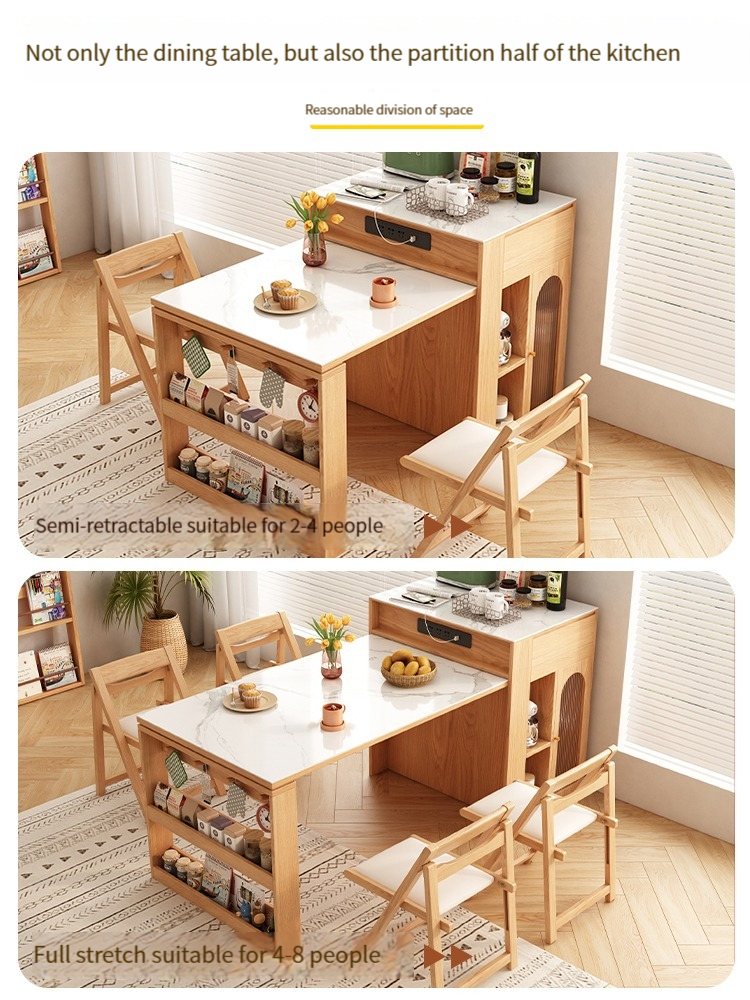 [Pre-order]  Japanese style rock plate island dining table with integrated and expandable small household kitchen bar storage cabinet-Smart-Living