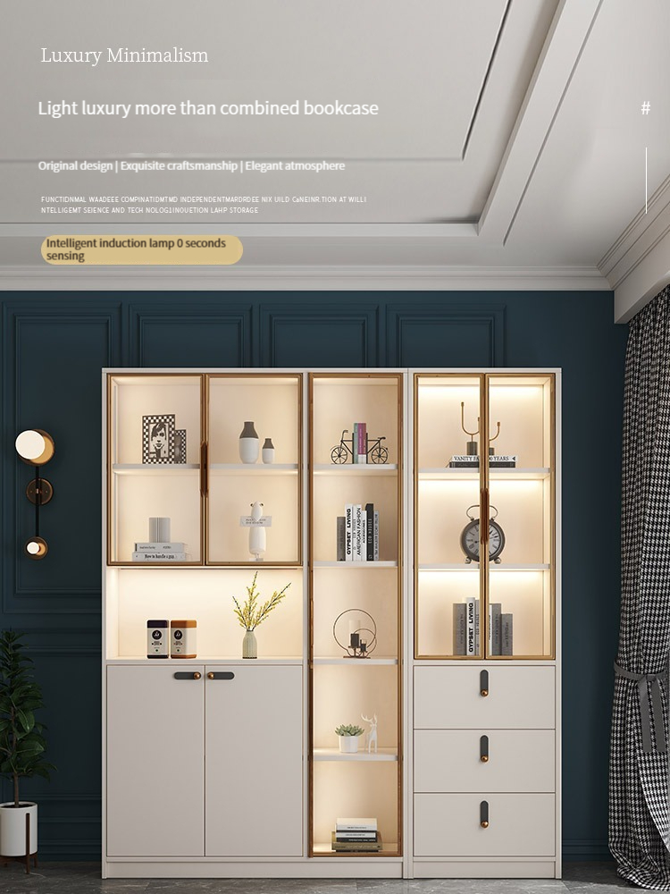 [Pre-order]  Nordic Glass Door Full Wall Bookcase, Simple and Modern, with Doors, Storage Shelves, and Floor-standing Study Background Wall, Large Bookshelf.-Smart-Living