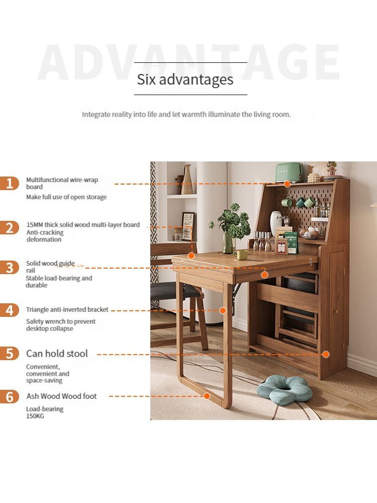 [Pre-order]  Nordic solid wood small unit foldable dining table dining edge cabinet integrated telescopic household rectangular table-Smart-Living