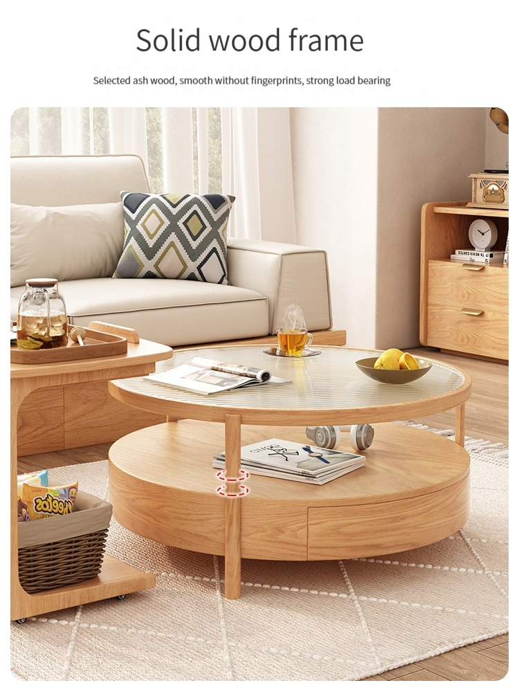 [Pre-order] Japanese style log style tea table small unit living room light luxury solid wood double layer rainbow glass circular tea table edge table combination-Smart-Living