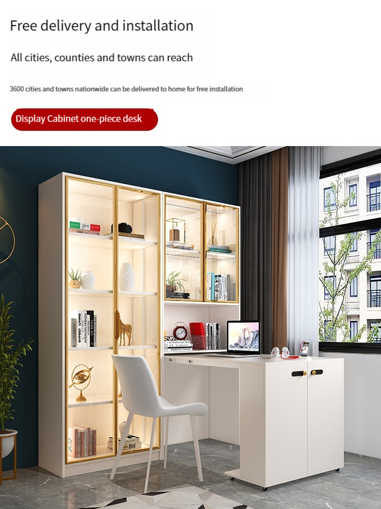 【Showroom】Light luxury corner bookshelf with glass door, student study desk, bookshelf, integrated desk, bookshelf, bedroom, household use-Smart-Living