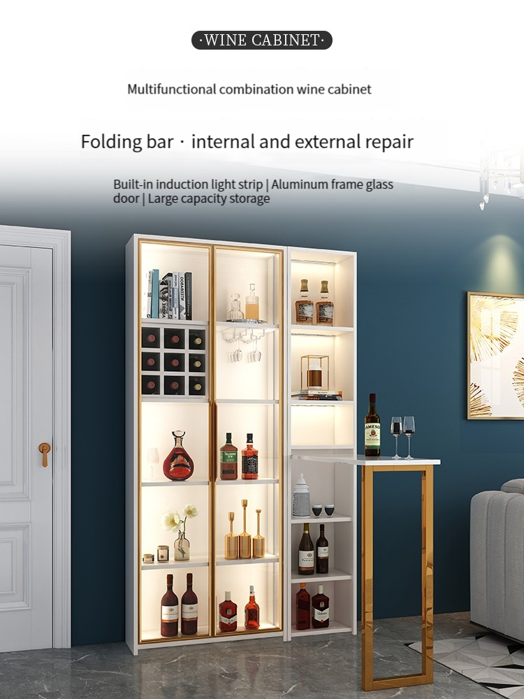 【Showroom】Modern and Simple Wall-Mounted Wine Cabinet/Pantry Shelf with Glass Display Cabinet, Light Luxury High-End Storage Cabinet with Foldable Bar Counter in the Living Room.-Smart-Living