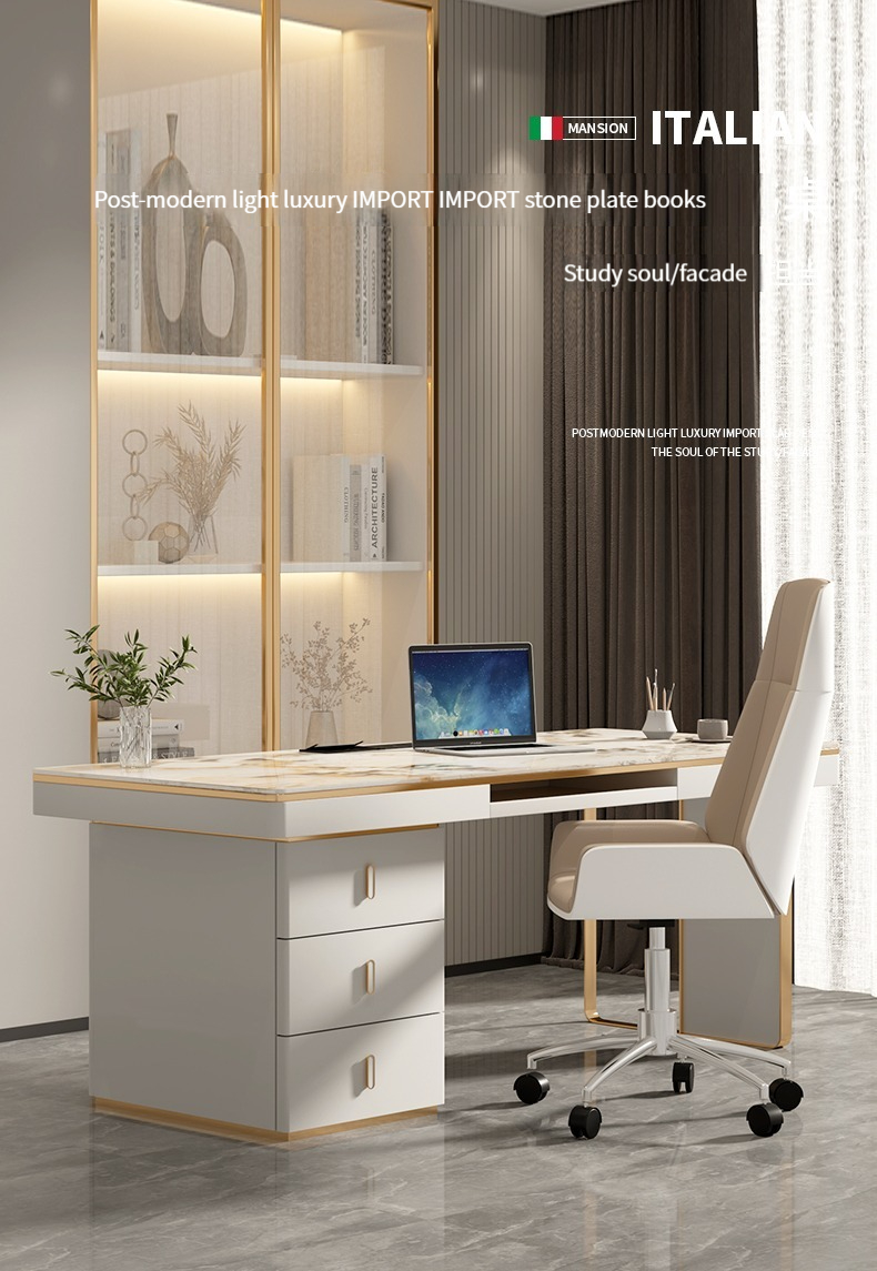 [Pre-order]  Light luxury granite desk, modern and simple desktop computer table and chair set with office desk and home study writing desk.-Smart-Living