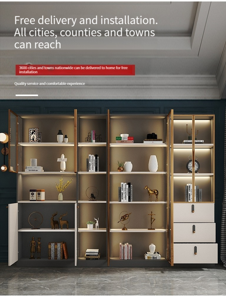 [Pre-order]  Nordic Glass Door Full Wall Bookcase, Simple and Modern, with Doors, Storage Shelves, and Floor-standing Study Background Wall, Large Bookshelf.-Smart-Living