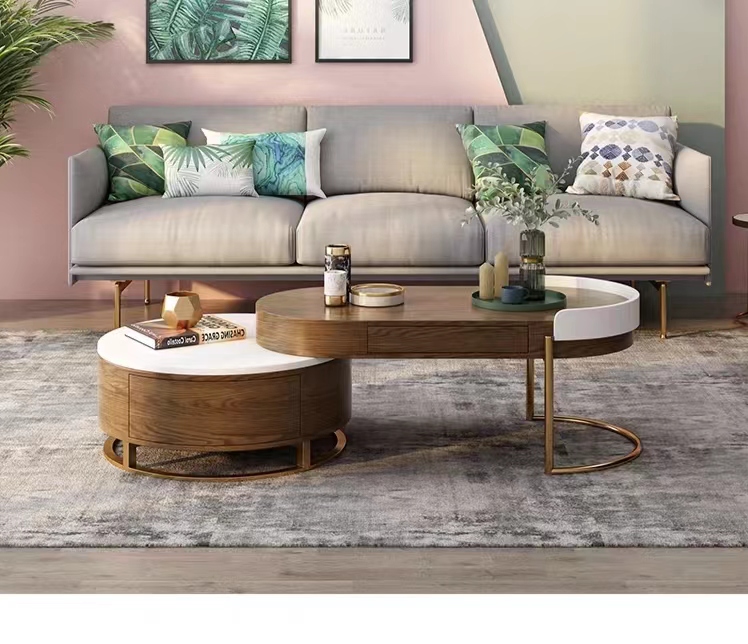 [Pre-order] Nordic Light Luxury Scalable Tea Table TV Cabinet Combination Multifunctional Living Room Furniture Modern Simple Oval Tea Table-Smart-Living